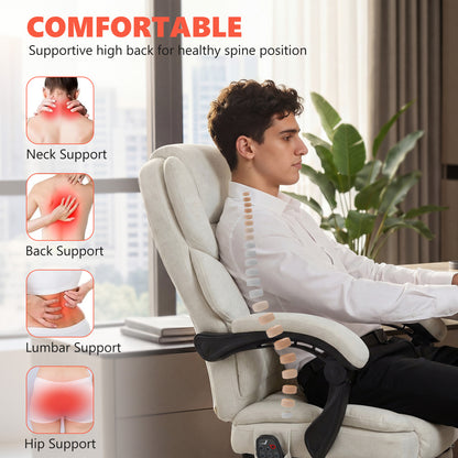 Office Chair with 6-point Vibration Massage and Heat, Fabric Desk Chair with Footrest, High Back, Cream White