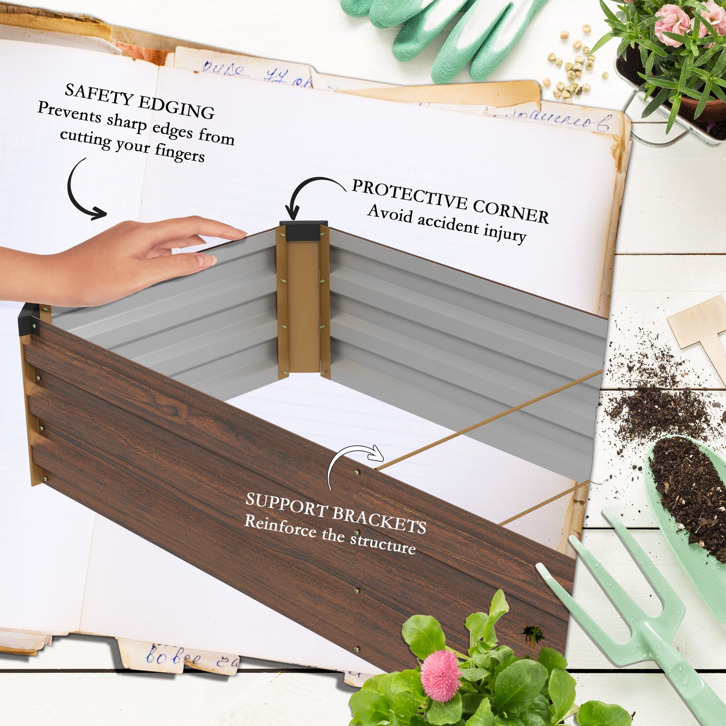 60 x 240cm Galvanised Steel Planter, with Open Bottom, Brown