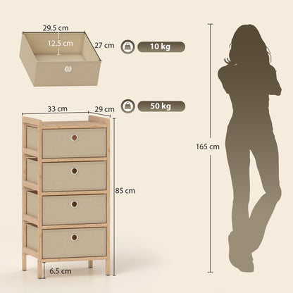 Chest of Drawers, 4 Fabric Drawers Narrow Dresser with Bamboo Frame, Cream White