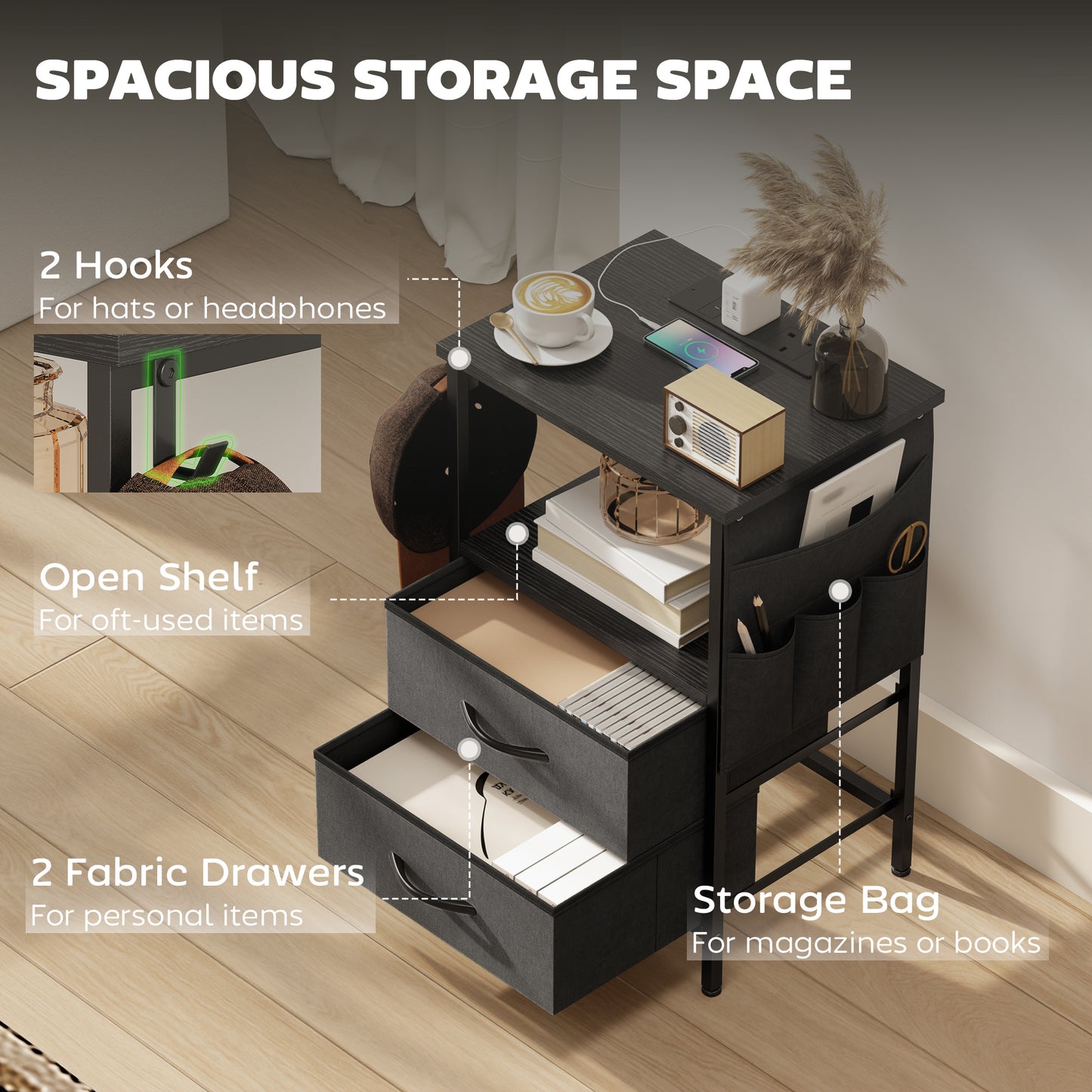 Bedside Table with Charging Station - Black