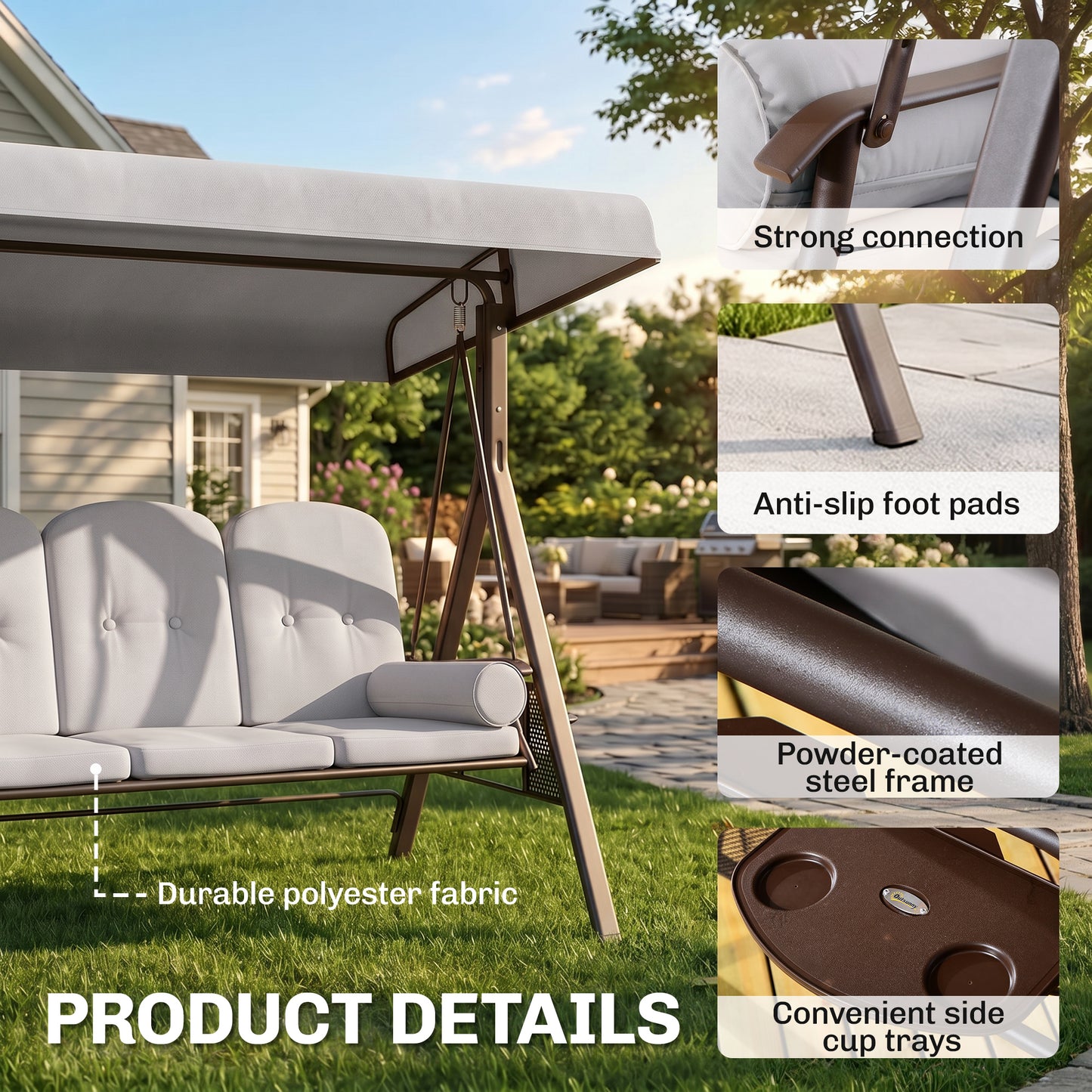 3 Seater Canopy Swing Chair, Outdoor Garden Swing Seat with Adjustable Canopy, Cushions and Cup Trays, Steel Frame