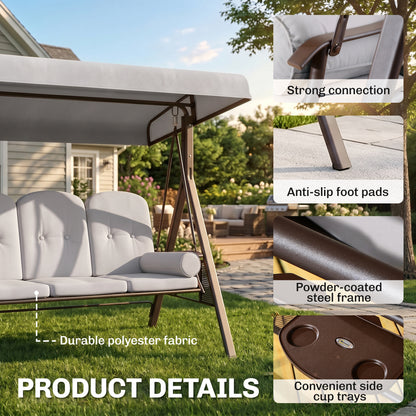 3 Seater Canopy Swing Chair, Outdoor Garden Swing Seat with Adjustable Canopy, Cushions and Cup Trays, Steel Frame