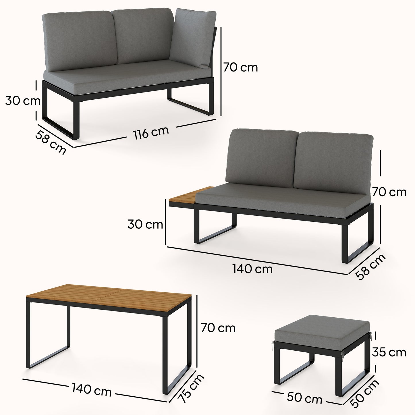 Patio Furniture Set Modular Garden Sofa Set 6 Pieces with Dining Table for Outdoor Patio Grey