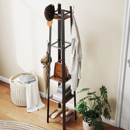 Industrial-Style Four Shelf Coat Stand - Brown/Black