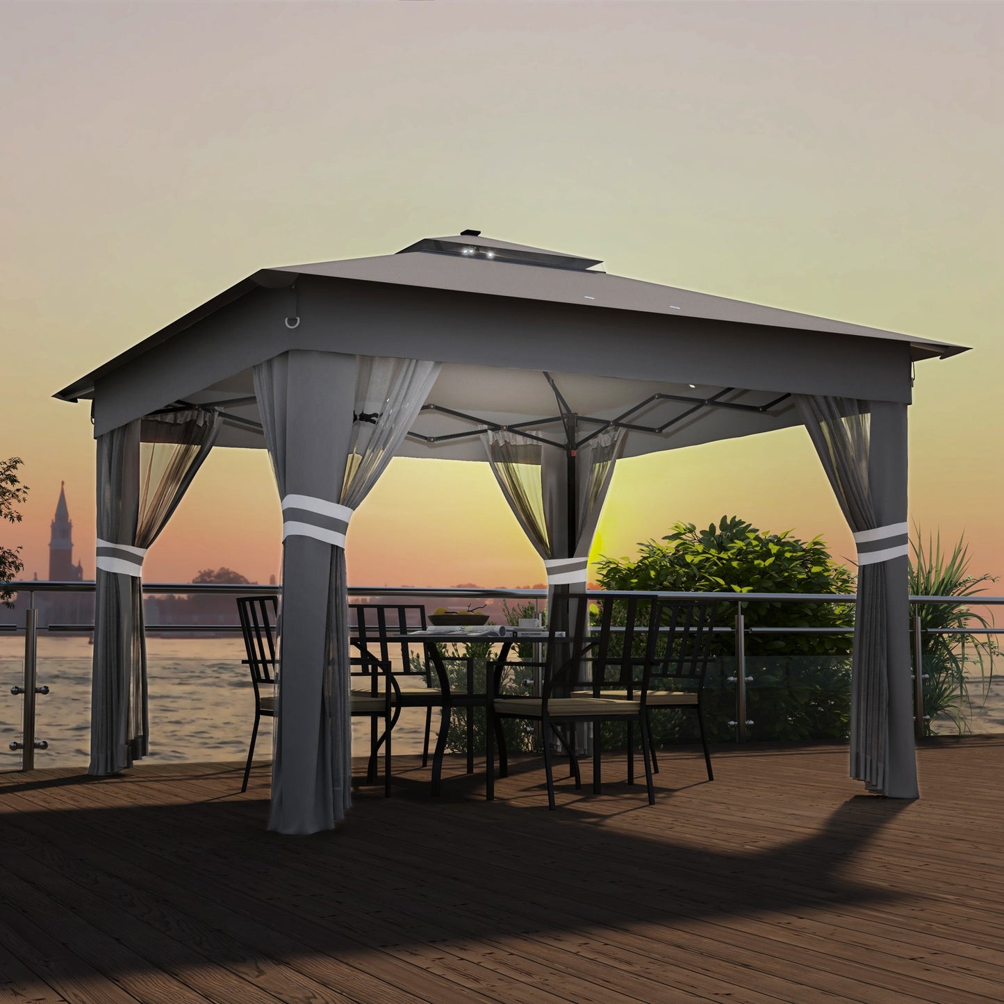 3.36 x 3.36m Pop Up Gazebo Party Tent with Solar-Powered LED Lights, Adjustable Event Shelter with Netting, Grey