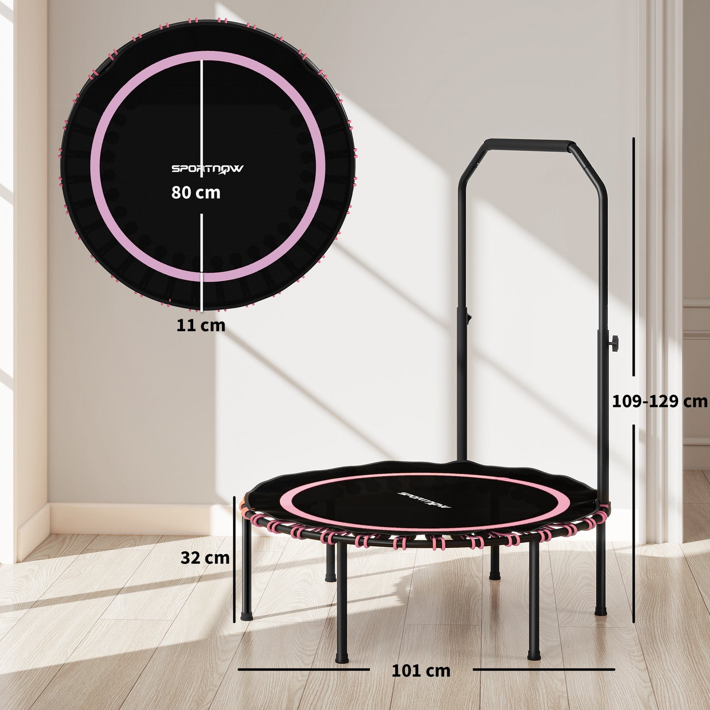 40" Foldable Fitness Trampoline Rebounder with Handle, Pink