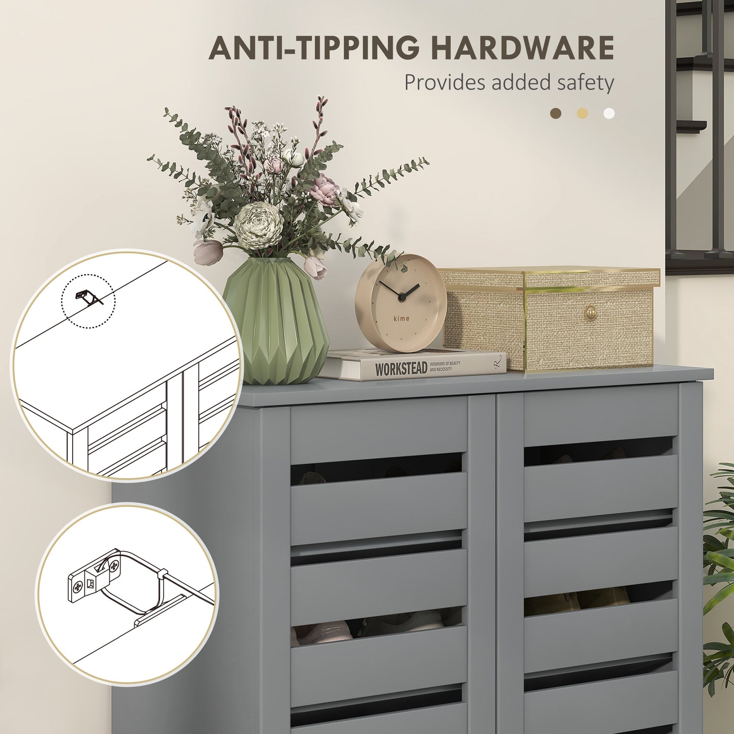 Narrow Shoe Cabinet for Entryway, 5-Tier Slim Shoe Storage Cabinet with 2 Slatted Doors and Adjustable Shelves Grey