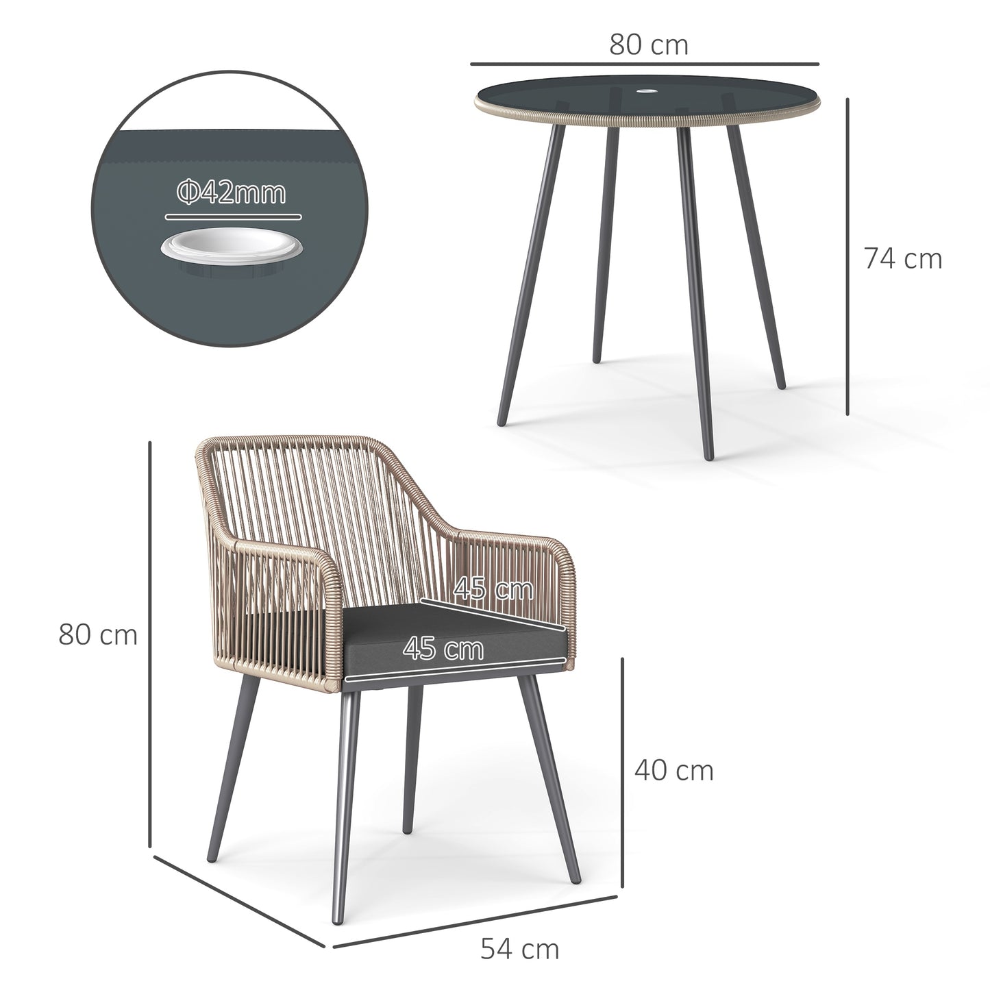4 Seater Rattan Dining Set, Rattan Garden Furniture Set with Parasol Hole, Outdoor Dining Table and Chairs Set with Cushions