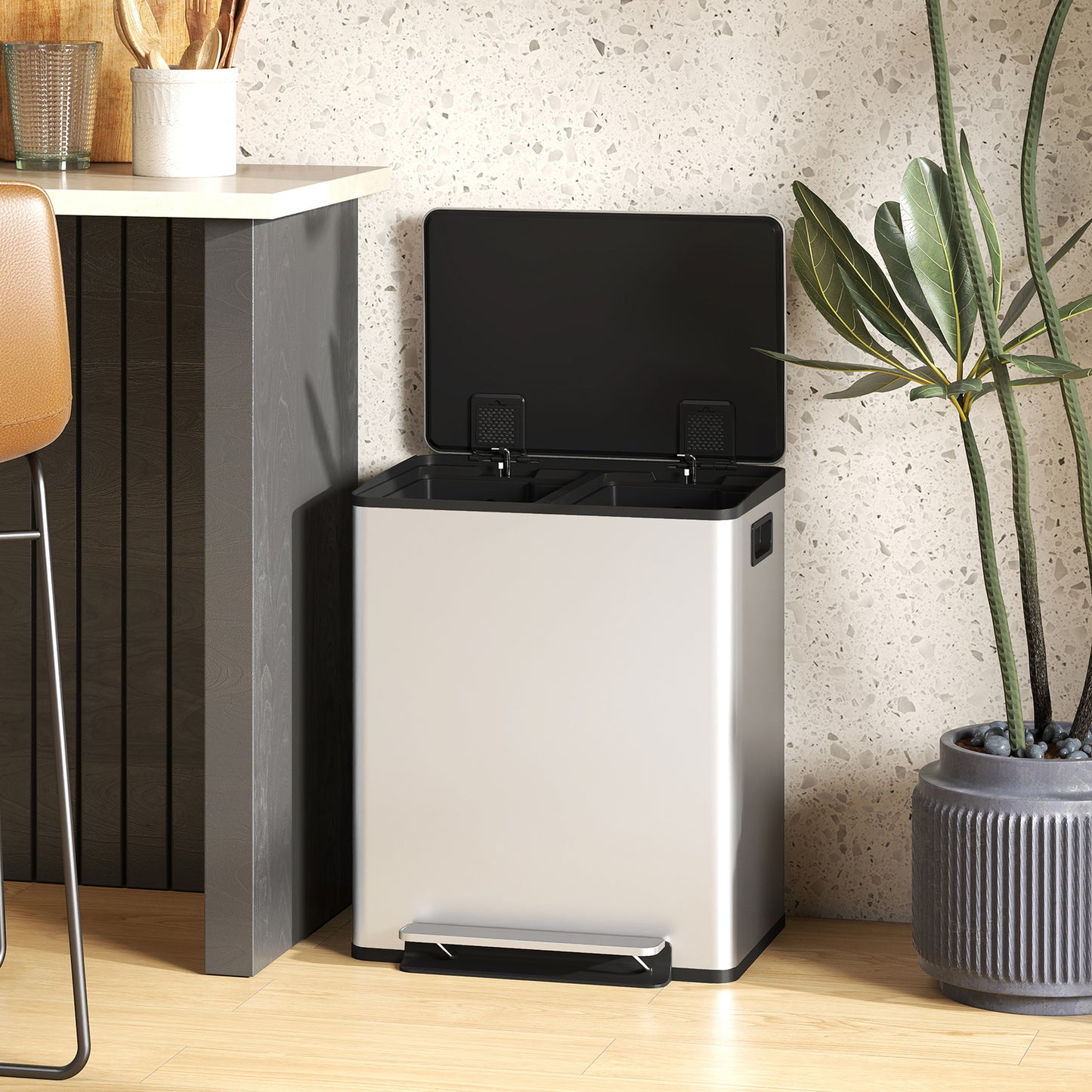 50L Dual Compartment Stainless Steel Bin, with Deodoriser Holders - Silver