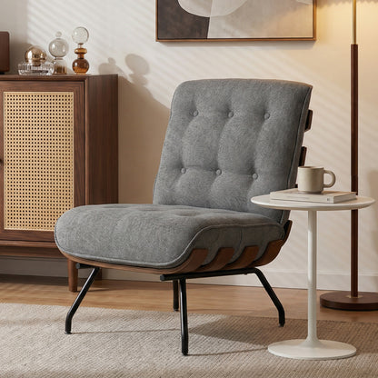 Accent Chair, Linen-look Fabric Reading Chair with Spring Cushion, Slatted Support, Steel Frame, Dark Grey