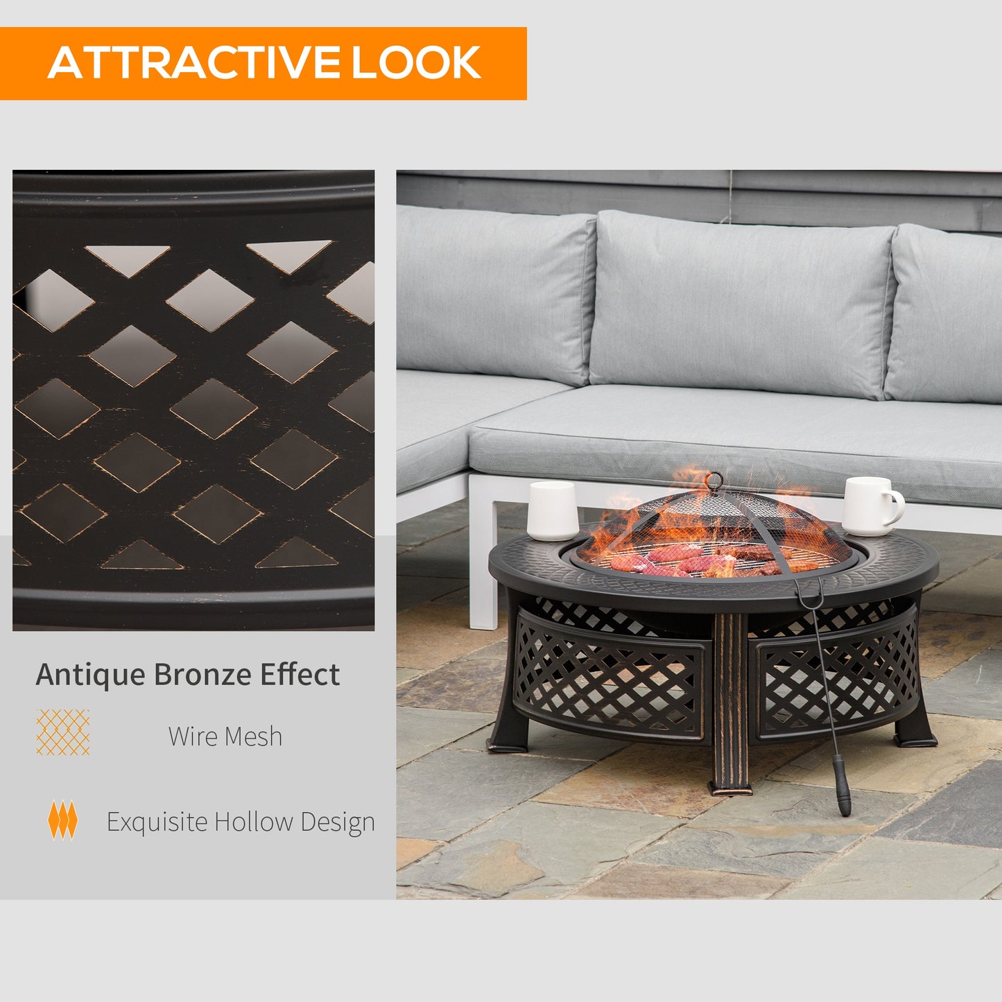 Outdoor Fire Pit, Firepit with Grill Net, Mesh Lid, Poker, for Camping, Bonfire, Picnic, Bronze Tone
