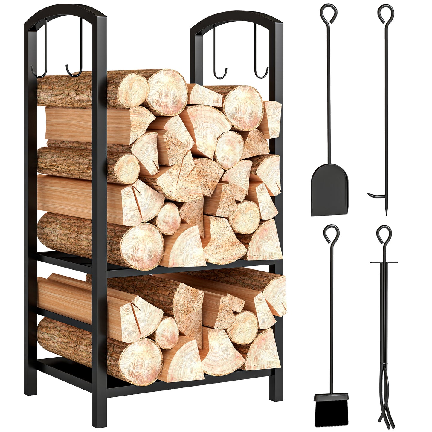 Metal Firewood Log Holder 2 Layer Firewood Rack Indoor Outdoor Fireplace Wood Storage Shelf with 4 Tools and Hooks, Black