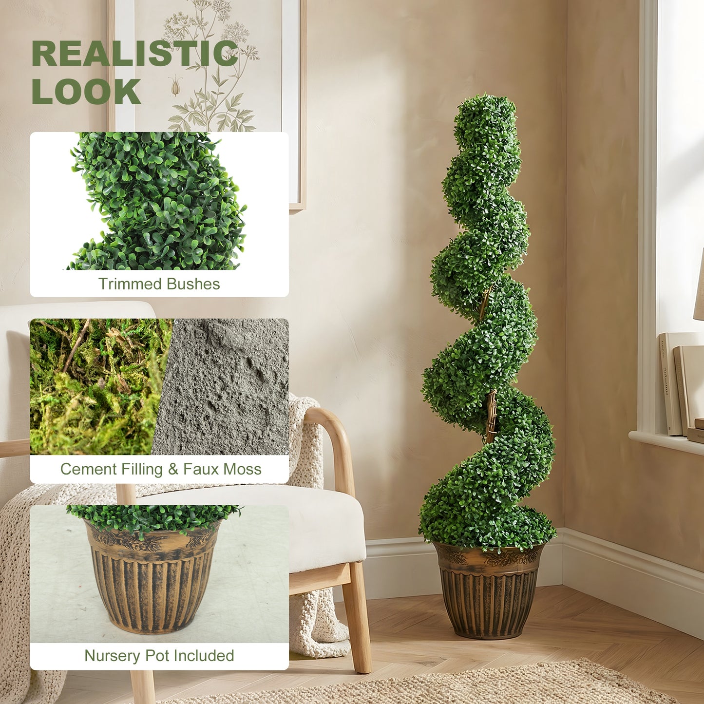 Set of 2 Artificial Plants, Topiary Spiral Boxwood Trees with Pot, for Home Indoor Outdoor Decor, 120cm