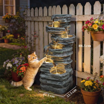 Outdoor Fountain, 6-Tier Cascading Waterfall Feature with LED Lights, Resin Freestanding Garden Fountain, Grey
