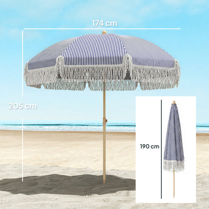 1.7 m Beach Umbrella with Sand Anchor, 30° Tilting Fringed Beach Garden Parasol with Adjustable Height, Blue