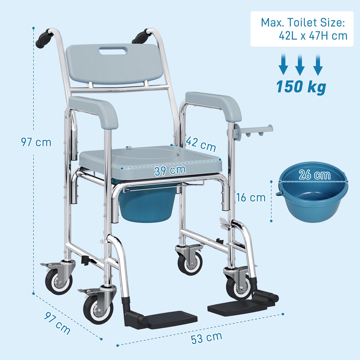 Rolling Shower Wheelchair for Seniors, Bedside Commode Chair with Locking Wheels, Seat, Backrest, Arms, Grey