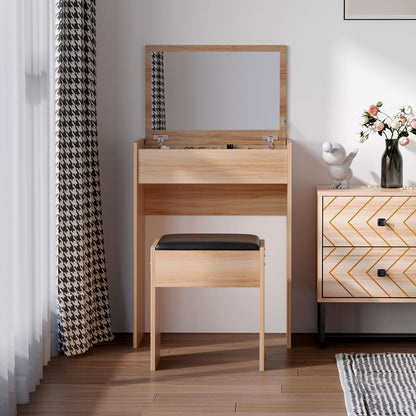 Dressing Table with Mirror and Stool, Vanity Makeup Table with Flip Up Mirror, Vanity Desk with Storage Unit and Padded Seat