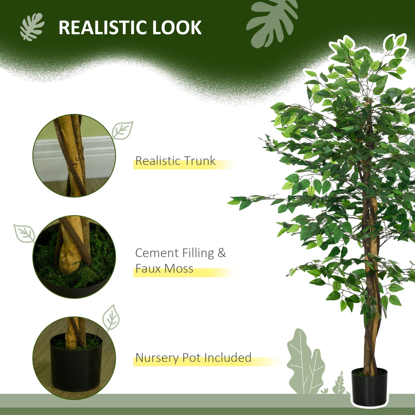 Artificial Ficus Tree, with Weighted Plant Pot - Green