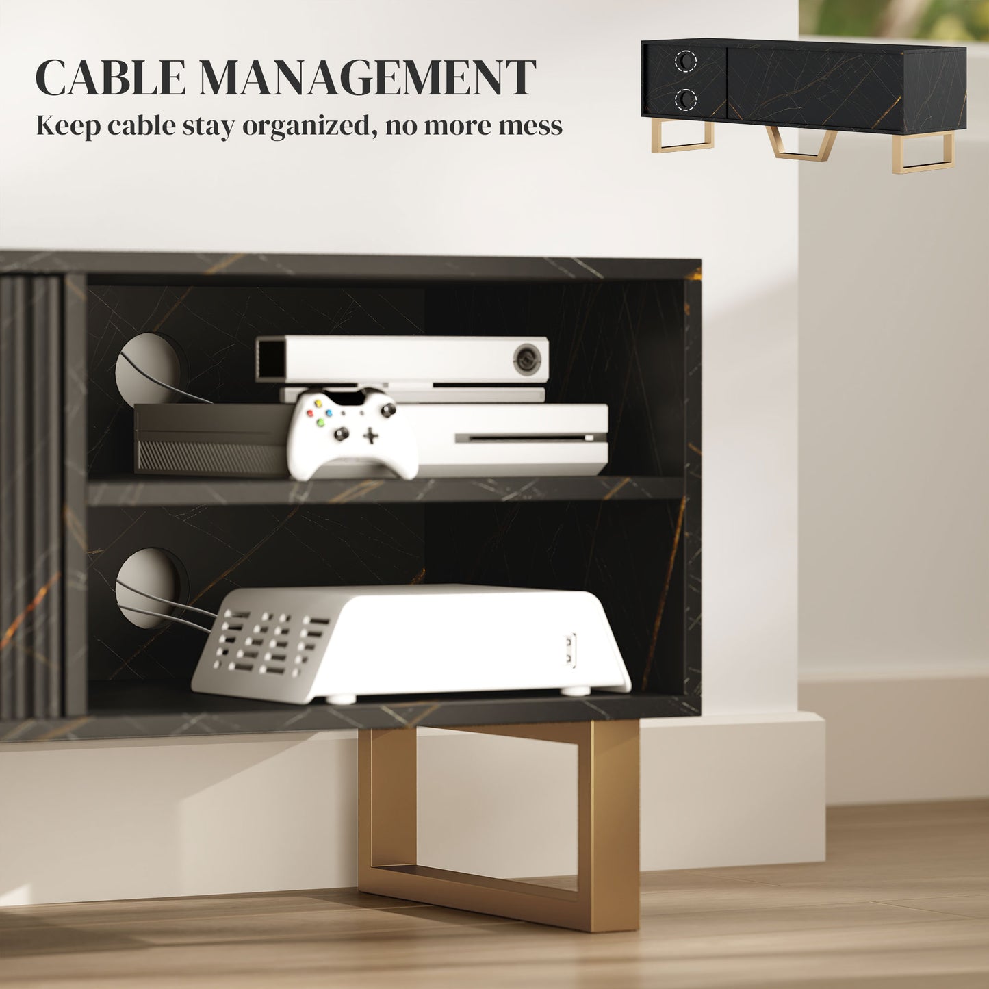 Marble Effect TV Unit, Modern TV Stand Cabinet for up to 70" TVs, with Shelves and Storage Cupboard, Fluted Door