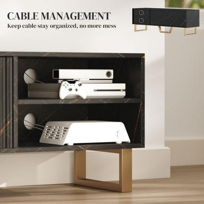 Marble Effect TV Unit, Modern TV Stand Cabinet for up to 70" TVs, with Shelves and Storage Cupboard, Fluted Door