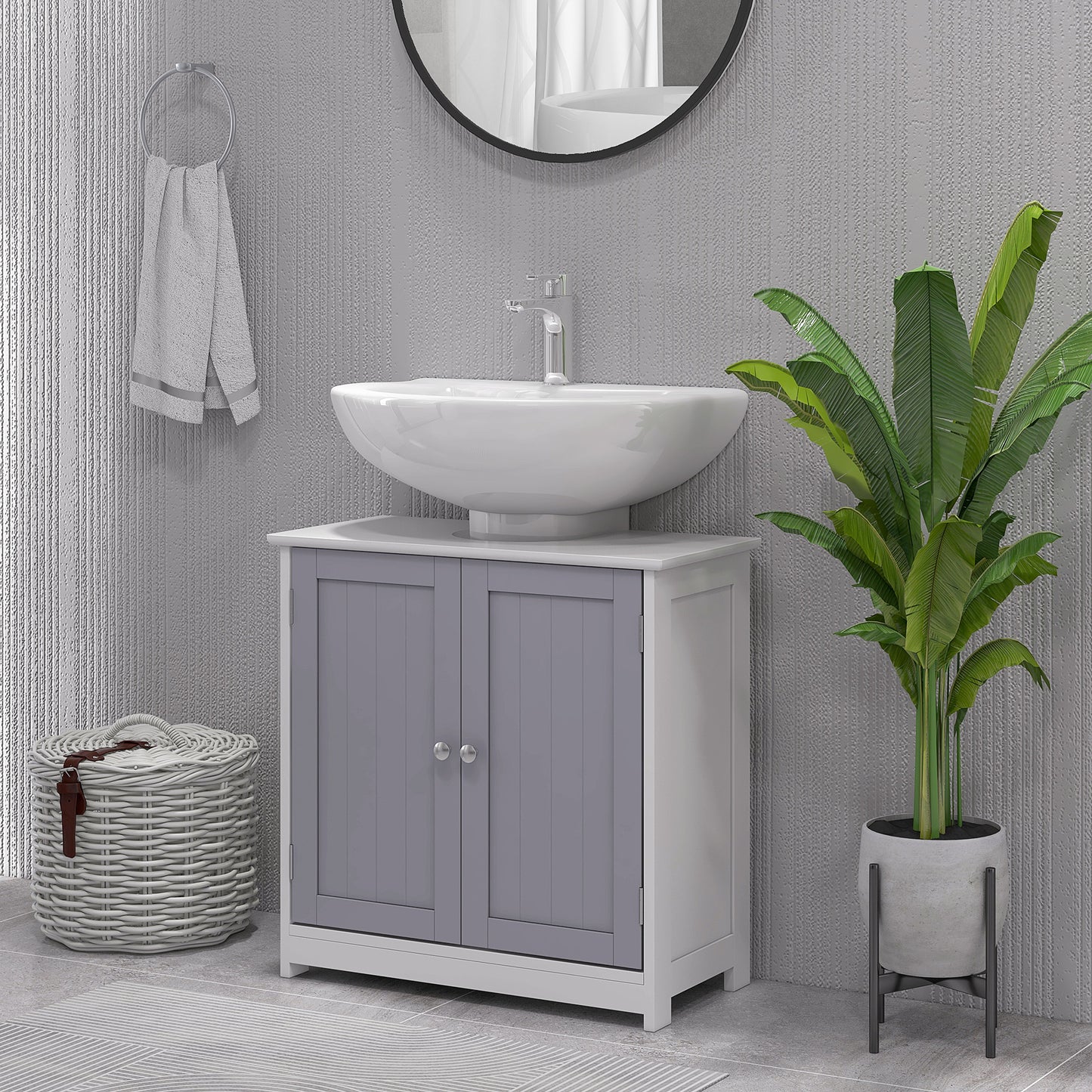 60x60cm Under-Sink Storage Cabinet w/ Adjustable Shelf Handles Drain Hole Bathroom Cabinet Space Saver Organizer White and Gr