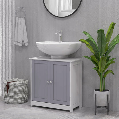 60x60cm Under-Sink Storage Cabinet w/ Adjustable Shelf Handles Drain Hole Bathroom Cabinet Space Saver Organizer White and Gr