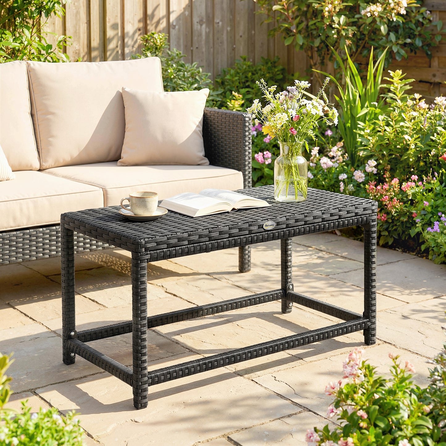 Outdoor Coffee Table Side Table with Rectangular Frame for Patio, Balcony, Black