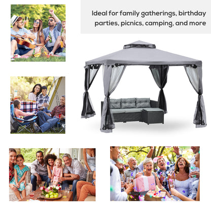 3 x 3 m Metal Gazebo, Garden Pavillion, Double Roof Outdoor Canopy Shelter with Mesh Sidewalls, Grey