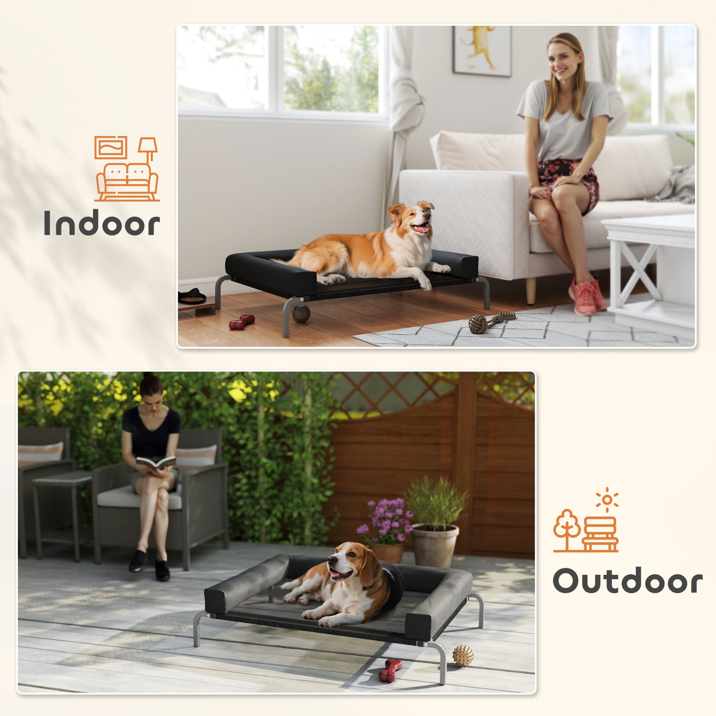 Elevated Dog Bed with Removable Bolsters, Raised Dog Bed for Medium Breeds, Portable Indoor & Outdoor Pet Cots, Black