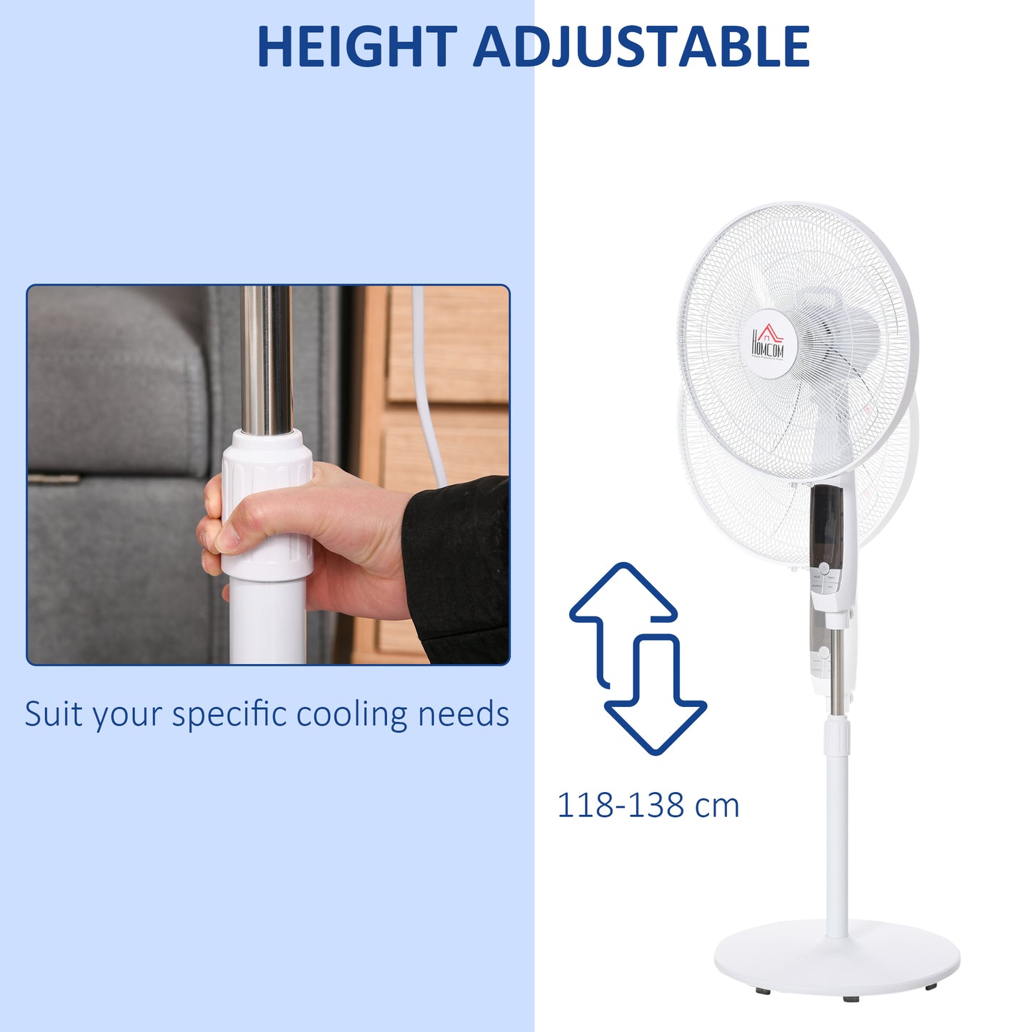 16'' Pedestal Stand Fan, 3 Speed 3 Mode, 85° Oscillation, LED Panel, 3M Remote Controller, Height Adjustable for Living Room