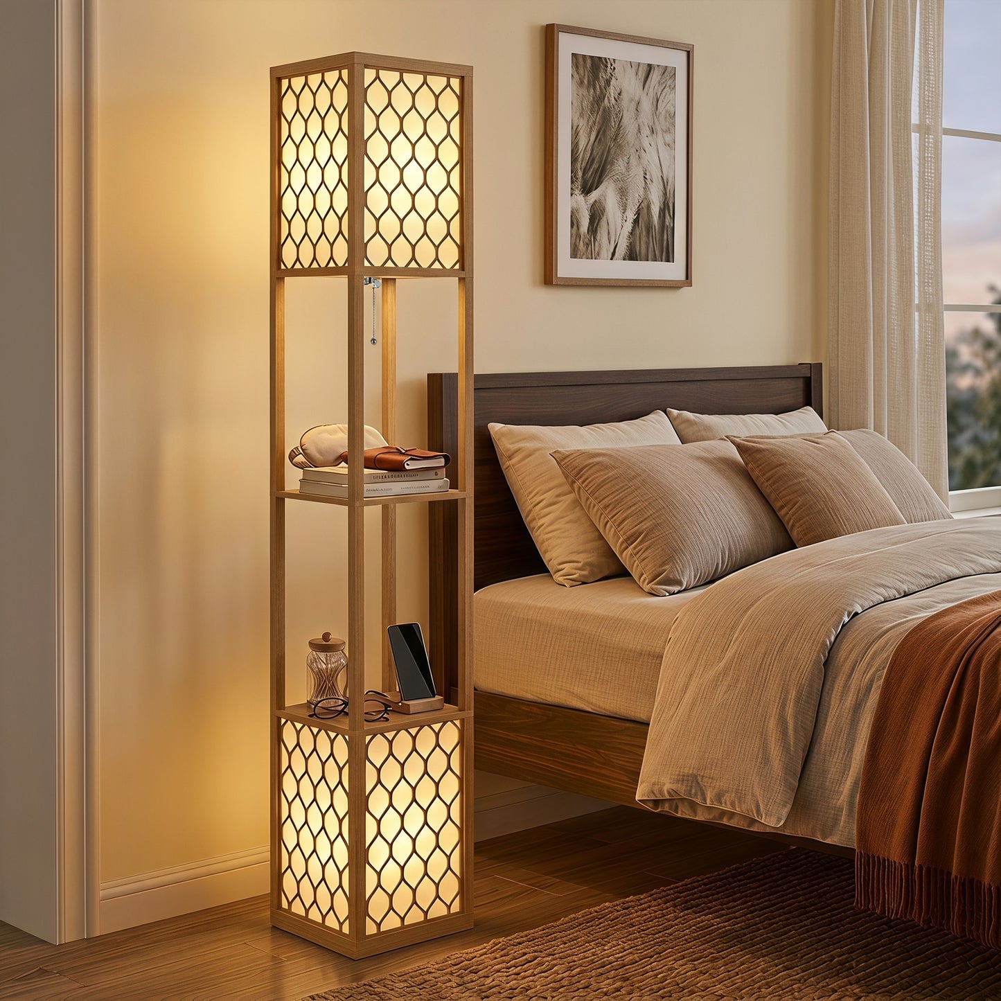 Floor Lamp with Shelves, Modern Tall Standing Lamp with Fabric Lampshades, Zipper Switch, Natural Wood Finish