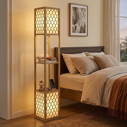 Floor Lamp with Shelves, Modern Tall Standing Lamp with Fabric Lampshades, Zipper Switch, Natural Wood Finish