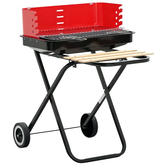 Charcoal Trolley BBQ Barbecue Grill Patio Camping Picnic Garden Party Outdoor Cooking with Windshield and Wheels Side Trays