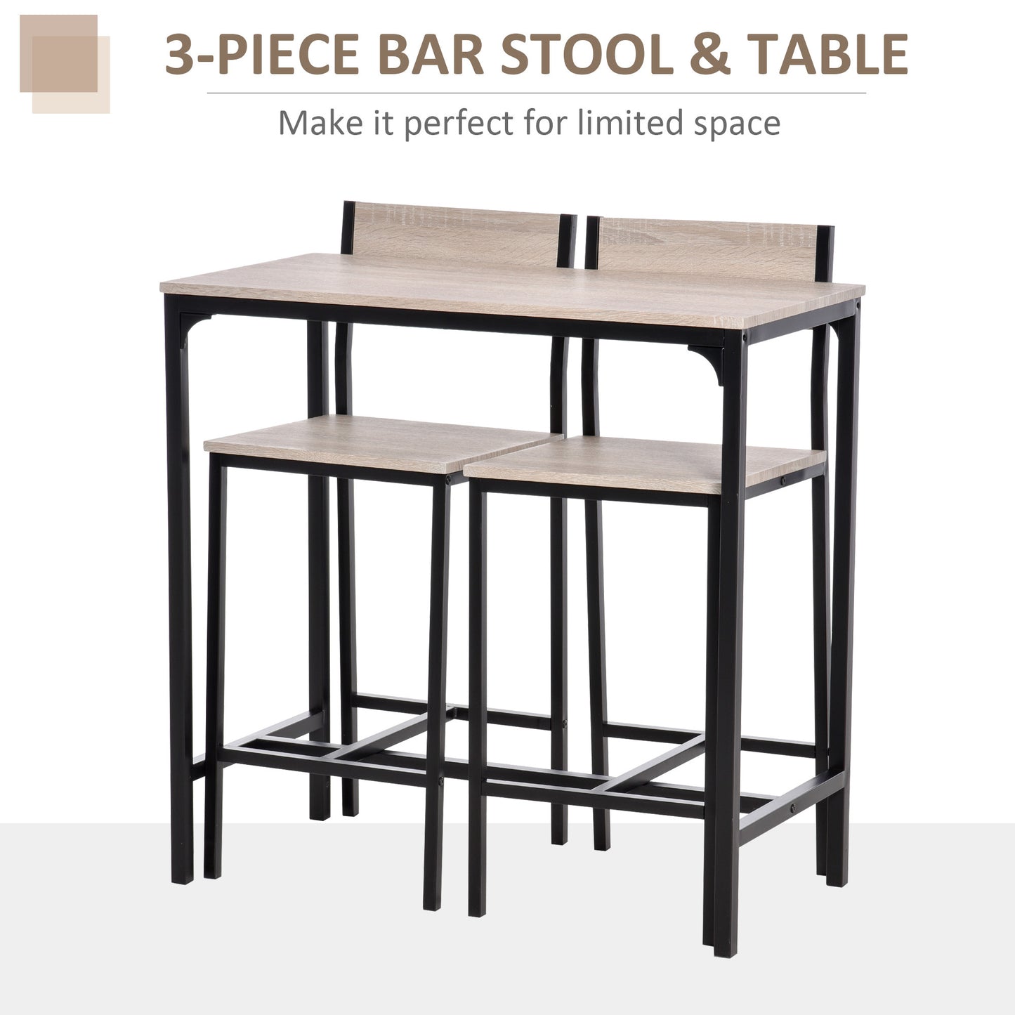 3-Piece Bar Table Set with 2 Stools, Industrial Breakfast Bar Set with Footrest, Backrest for Dining Room, Small Space