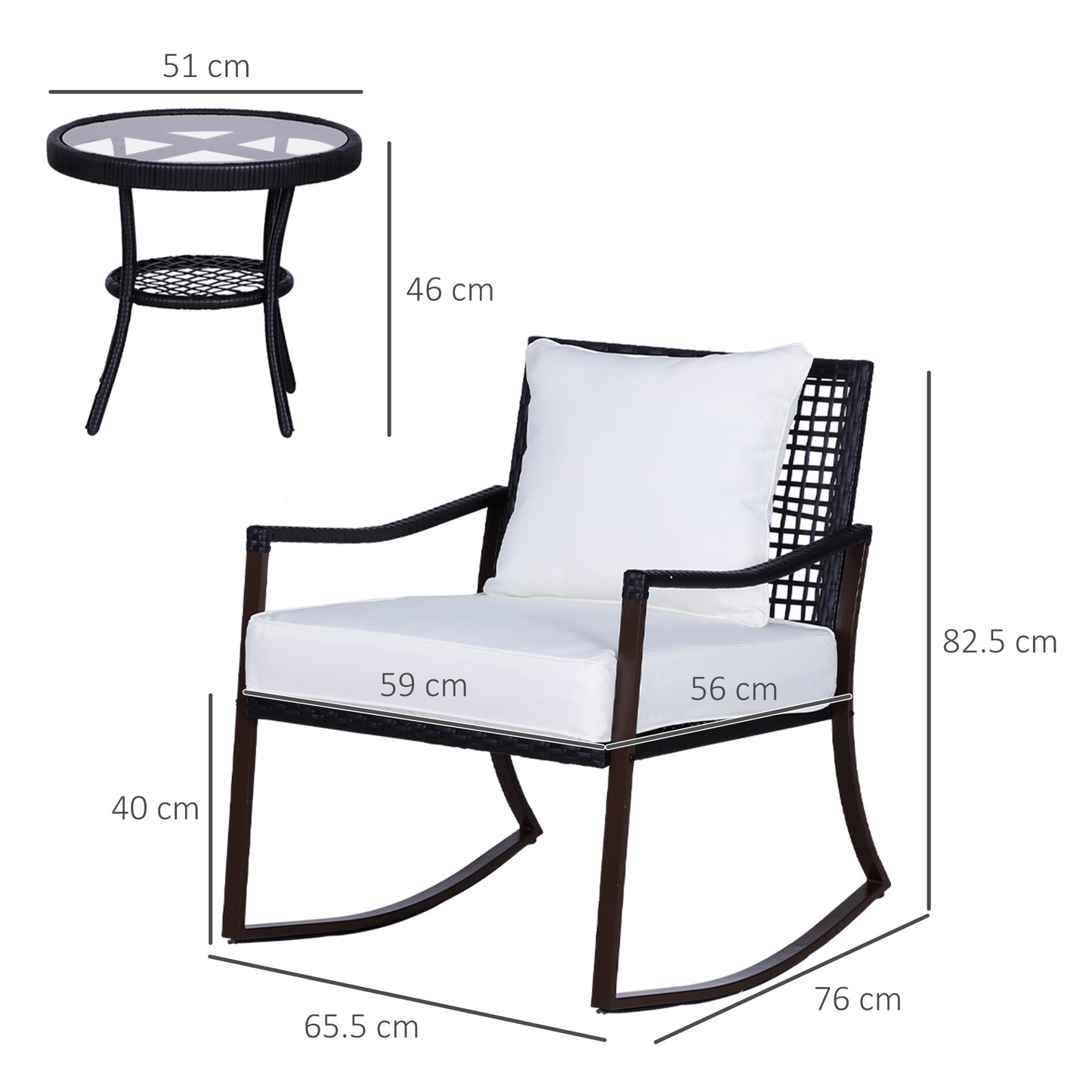 Rattan Bistro Set, 3 Pieces Wicker Garden Furniture Set with Rocking Chairs and Round Glass Top Coffee Table