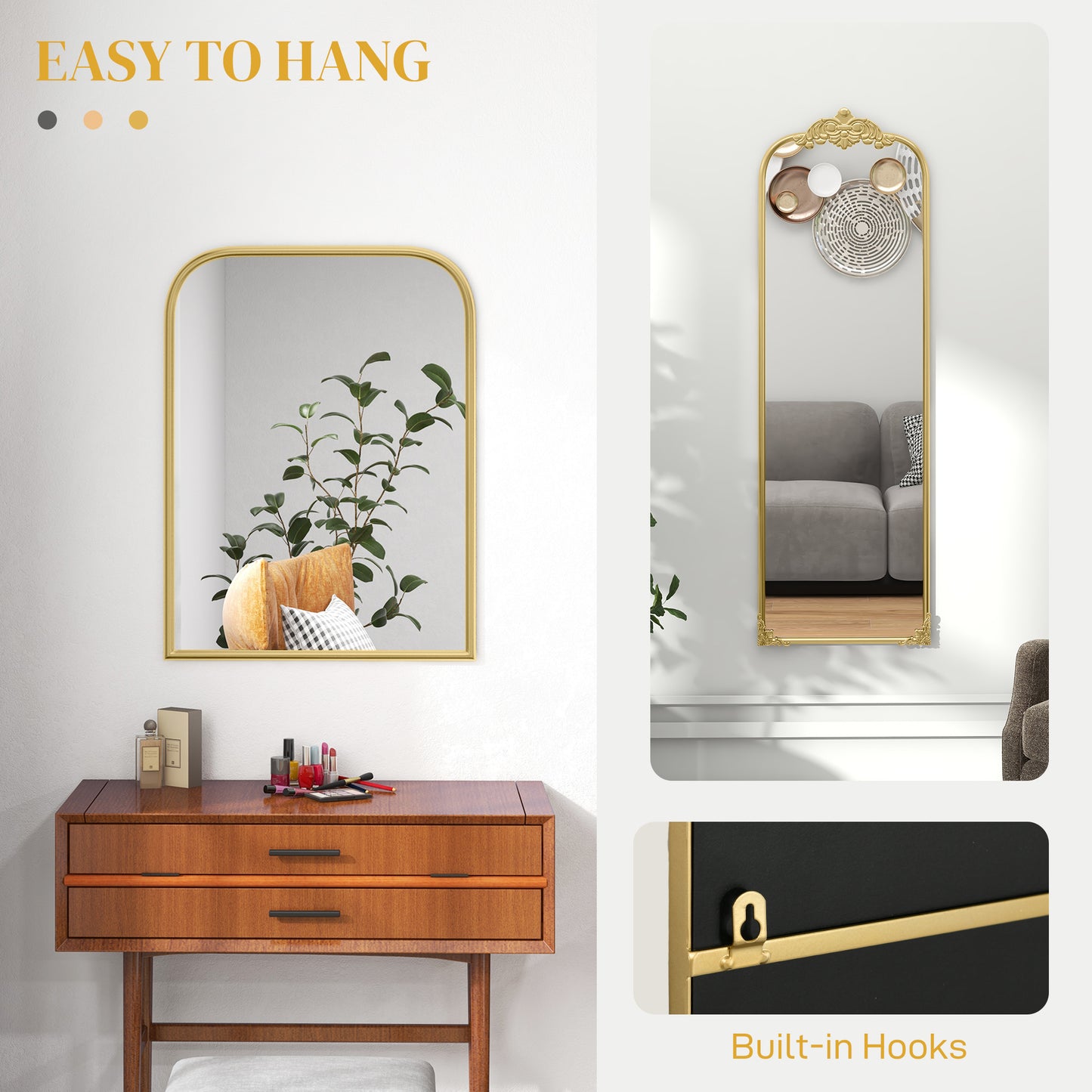 Wall Mirror, Decorative Baroque Mirror with Metal Frame, for Bedroom and Living Room, 60 x 87 cm, Gold Tone