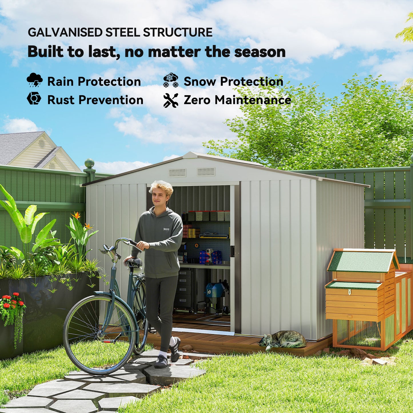 Metal 9 x 6FT Bike Shed, Mobility Scooter Shed House with Foundation Kit, Ventilation, Silver