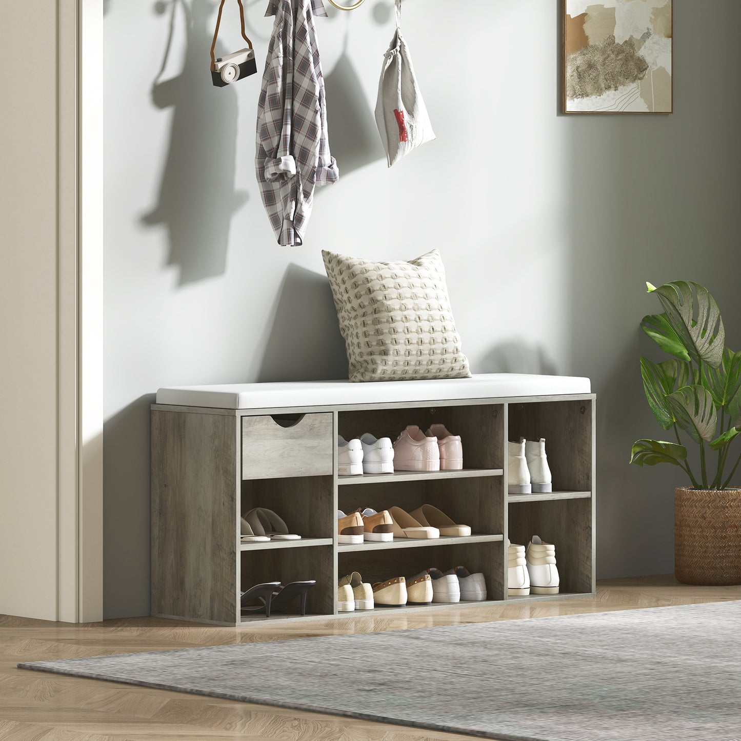 Shoe Storage Bench with Cushion - Grey