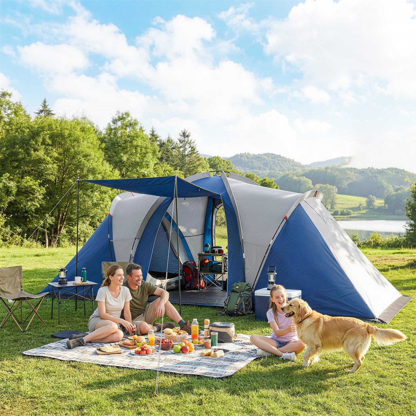Family Camping Tent 3000mm Waterproof Windproof Tunnel Tent 6 Person, Navy Blue & Light Grey
