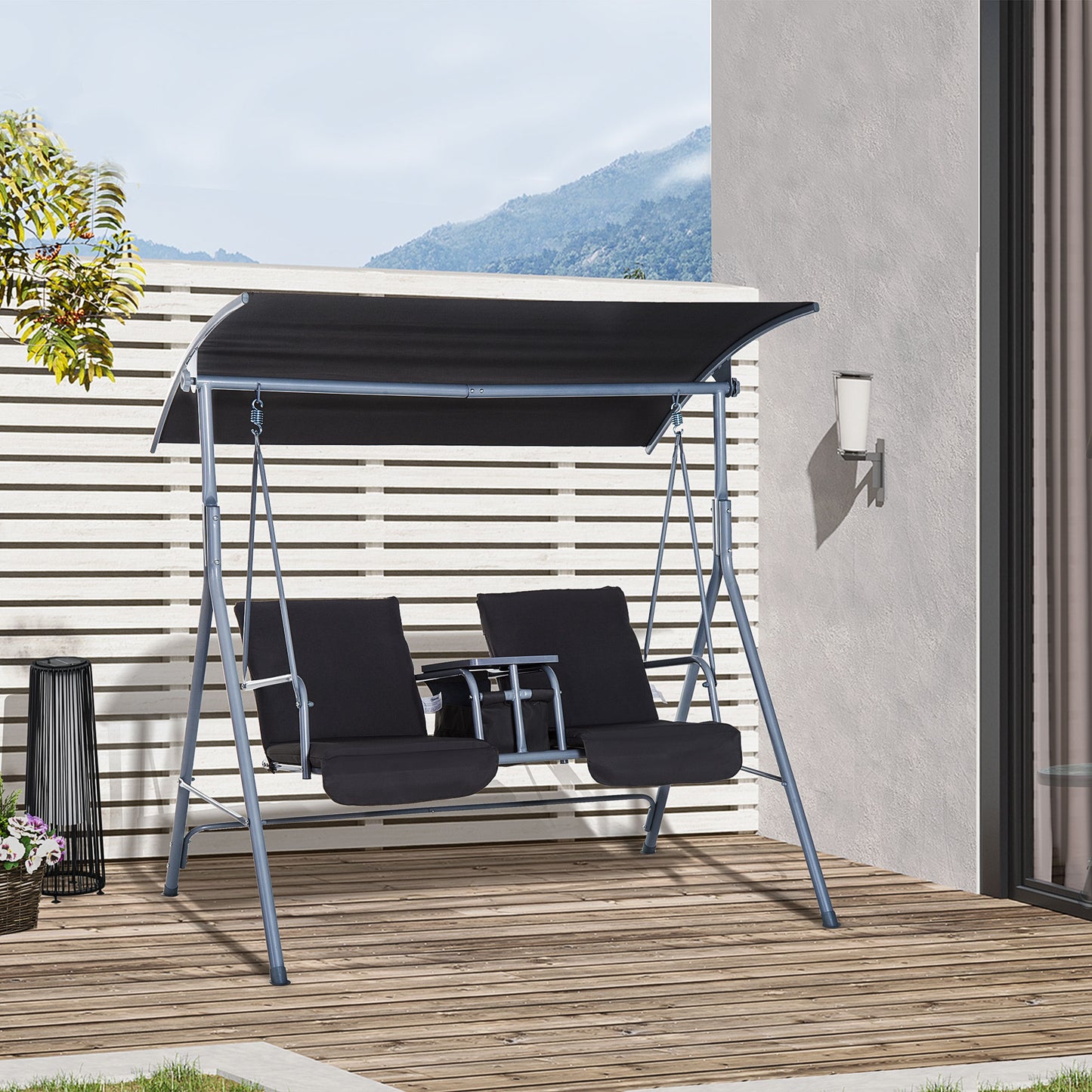 Steel Frame 2-Seater Swing Chair w/ Table Grey