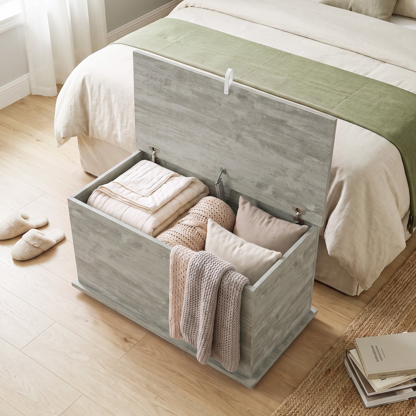 Storage Chest, 102L Blanket Box, Shoe Bench with Safety Hinged Lid, Bed End Bench for Bedroom, 80 x 40 x 45cm, Grey