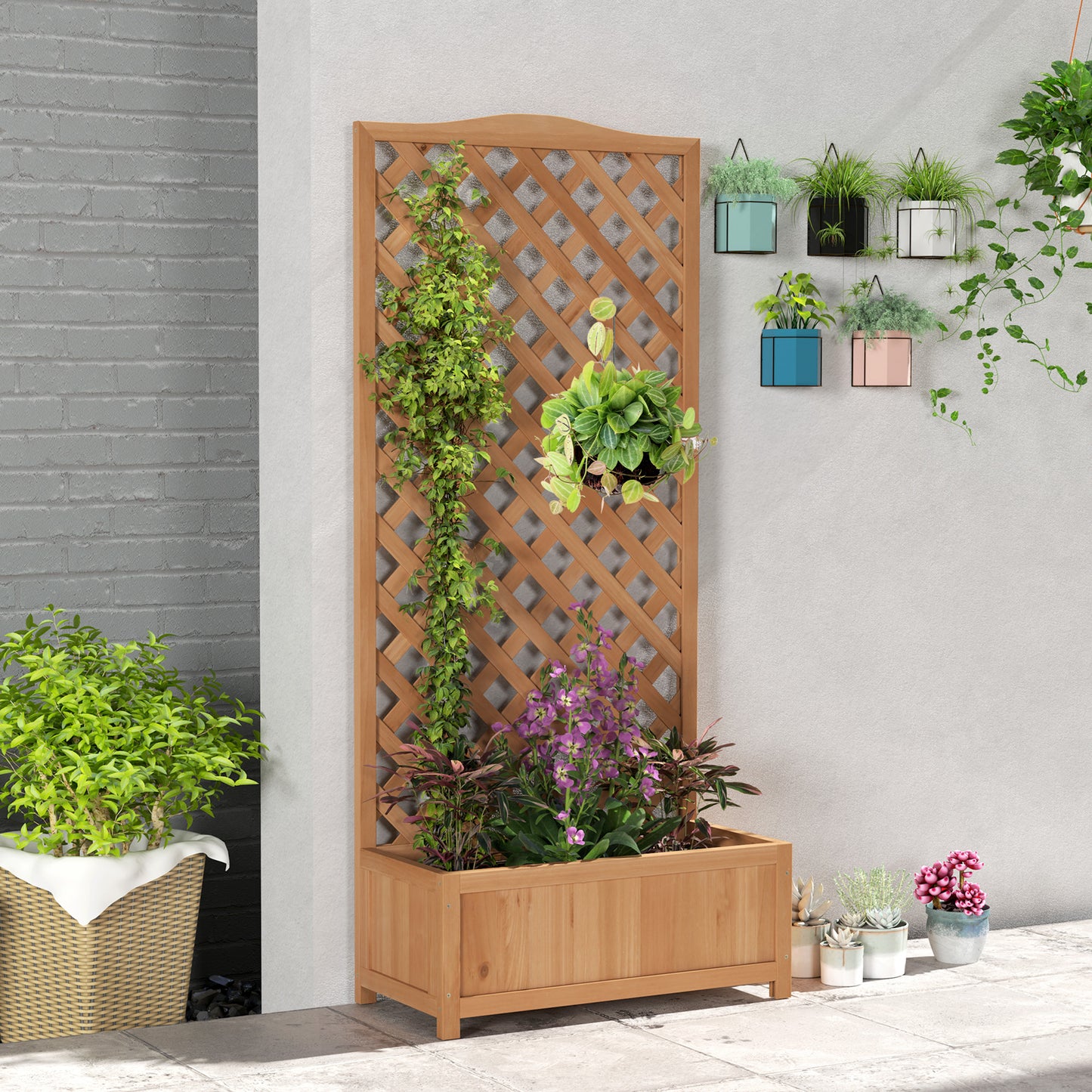 53L Garden Wooden Planter Box with Trellis Free Standing Flower Raised Bed with Lattice for Climbing Plants