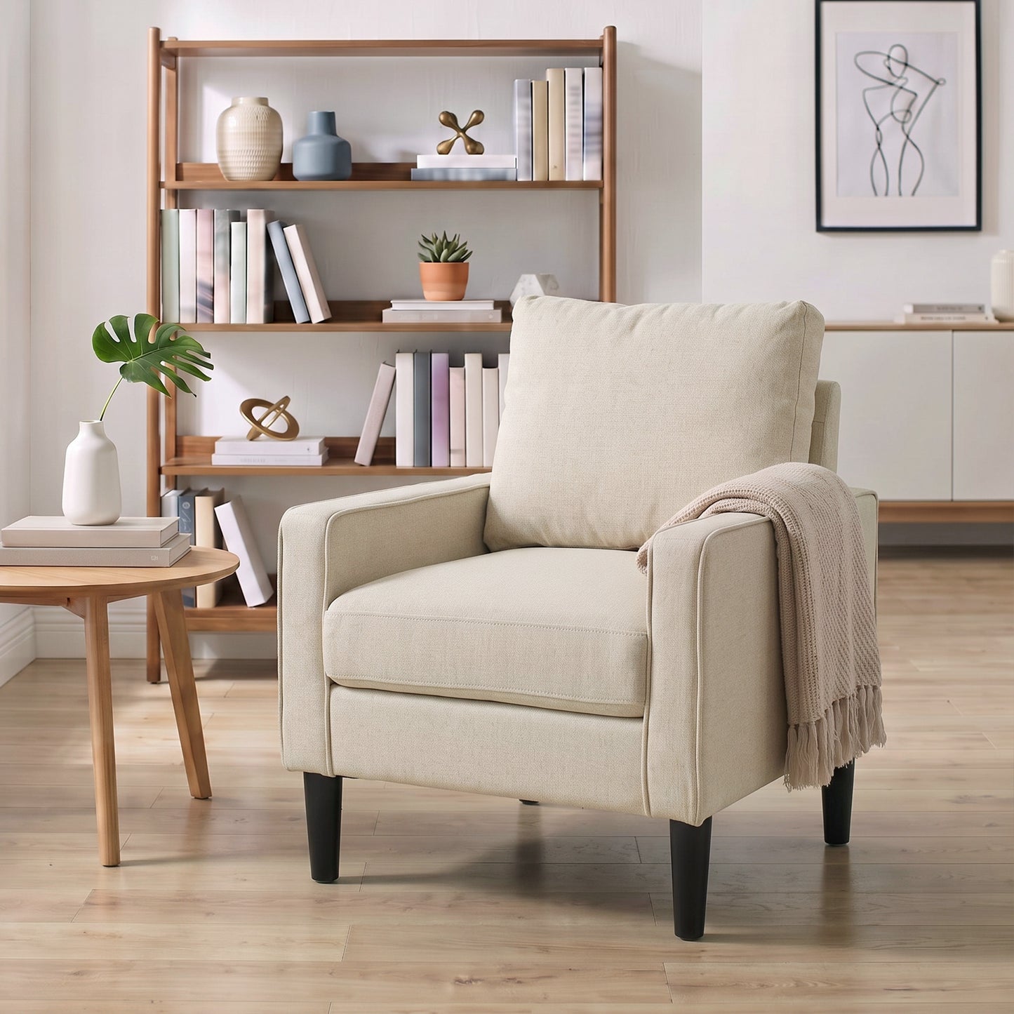Accent Chair, Removable Pillow Linen Armchair with Comfy Spring Cushion for Living Room, Bedroom, Study, Cream