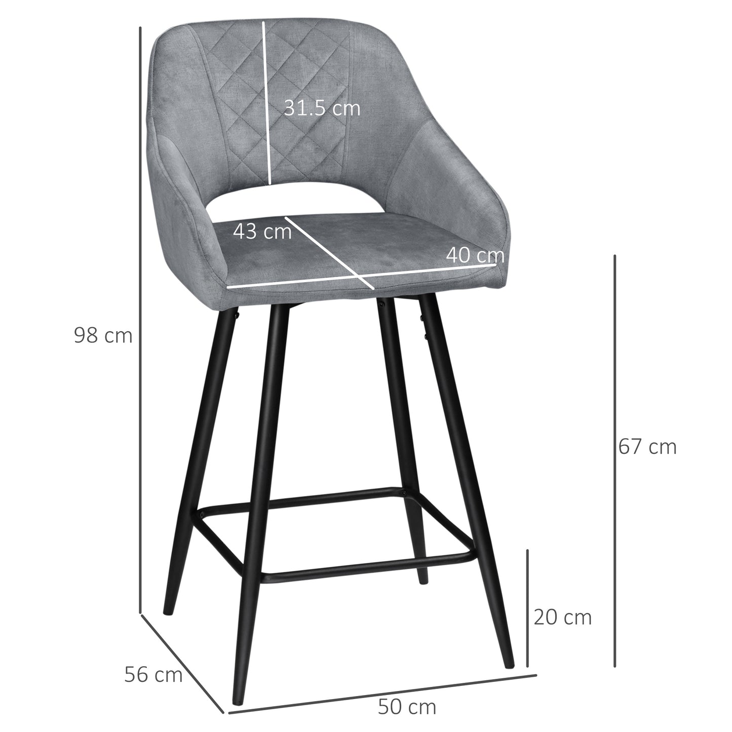 Bar Stools Set of 2, Velvet-Touch Fabric Counter Height Bar Chairs, Kitchen Stools with Steel Legs for Dining Area