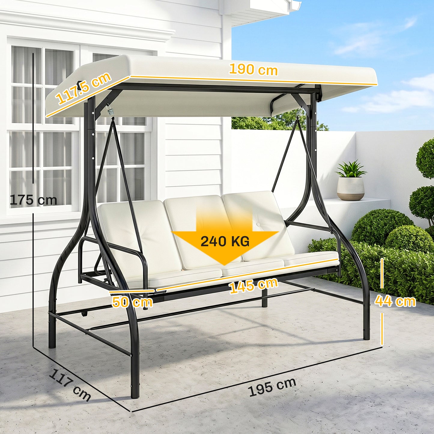 3 Seater Garden Swing Chair, 2 in 1 Convertible Patio Swing Seat Bed with Adjustable Canopy, Cushions and Metal Frame