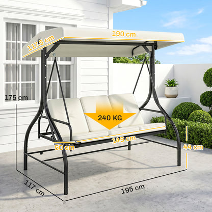 3 Seater Garden Swing Chair, 2 in 1 Convertible Patio Swing Seat Bed with Adjustable Canopy, Cushions and Metal Frame