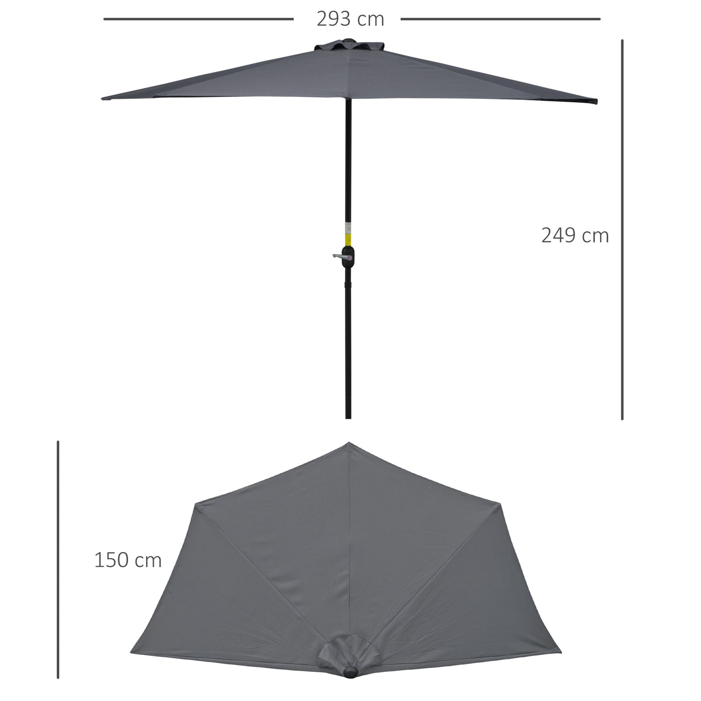 3(m) Half Parasol Semi Round Umbrella Patio Metal Frame Crank Handle for Balcony-- NO BASE INCLUDED, Grey