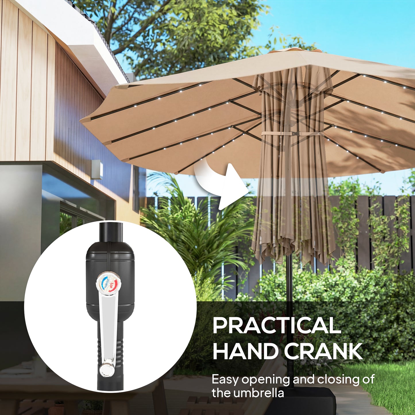 Patio Umbrella Double-Sided Outdoor Umbrella with Solar Lights Base, Khaki