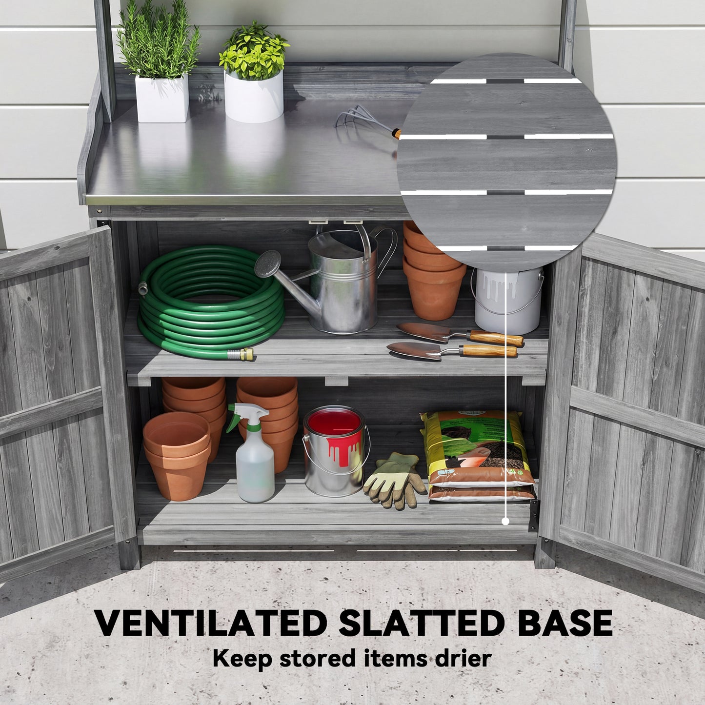 Wooden Potting Bench Table with Aluminium Worktop, Outdoor Garden Workbench with Top Shelf and Cabinet Storage