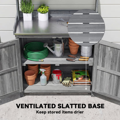 Wooden Potting Bench Table with Aluminium Worktop, Outdoor Garden Workbench with Top Shelf and Cabinet Storage